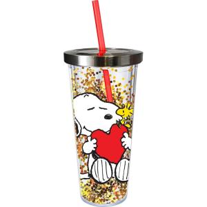 Spoontiques – Glitter Filled Acrylic Tumbler – Glitter Cup with Straw – 20 oz - Stainless Steel Locking Lid with Straw – Double Wall Insulated – BPA Free – Snoopy Drinking Cup