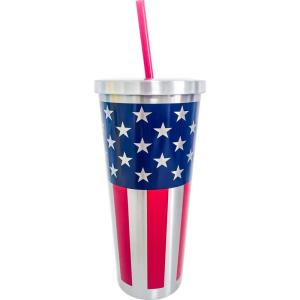 Spoontiques – Stainless Steel Cups – 24 oz Double Wall Insulated Drinkware with BPA Free Acrylic Lining – Twist Lock Lid with Color Coordinated Straw- Americana Stainless Cup