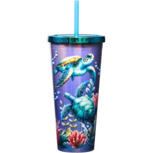 Spoontiques Acrylic Foil Cup with Straw, 20oz – Metallic Locking, Double Wall Insulated, BPA Free – Elvis(Sea Turtle Foil Cup)