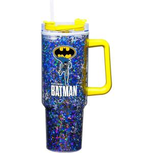 Spoontiques Batman 40oz Glitter Acrylic Travel Mug – Double Wall Acrylic with Sliding Lock Travel Lid and Straw – 11″ Tall