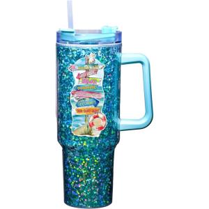 Spoontiques Beach 40oz Glitter Acrylic Travel Mug – Double Wall Acrylic with Sliding Lock Travel Lid and Straw – 11″ Tall