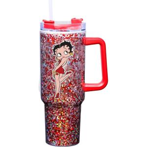 Spoontiques Betty Boop 40oz Glitter Acrylic Travel Mug – Double Wall Acrylic with Sliding Lock Travel Lid and Straw – 11″ Tall