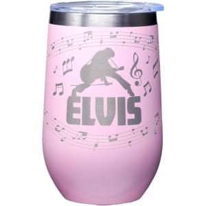 Spoontiques Elvis Etched Stainless Steel Tumbler – Insulated Wine Tumbler with Lid – Double Wall Stainless Steel Stemless Wine Glass – 16oz – 5 5/8″ Tall