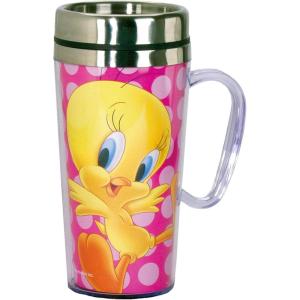 Spoontiques Insulated Travel Mug, 14oz – Double Wall Stainless & Acrylic Drink Cup with Twist Top Lid & Handle – Scooby Doo(Looney Tunes Tweety)
