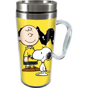 Spoontiques Insulated Travel Mug, 14oz – Double Wall Stainless & Acrylic Drink Cup with Twist Top Lid & Handle – Scooby Doo(Peanuts Charlie Brown)