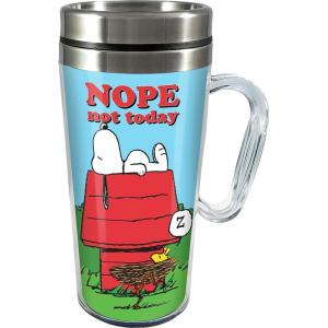 Spoontiques Insulated Travel Mug, 14oz – Double Wall Stainless & Acrylic Drink Cup with Twist Top Lid & Handle – Scooby Doo(Peanuts Snoopy)
