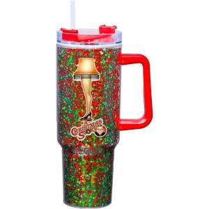 Spoontiques Leg Lamp 40oz Glitter Acrylic Travel Mug – Double Wall Acrylic with Sliding Lock Travel Lid and Straw – 11″ Tall(Leg Lamp)