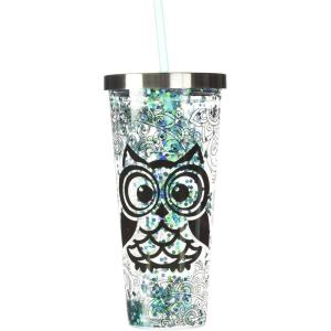 Spoontiques Love Glitter Cup Tumbler with Stainless Steel Lid and Straw – 20 oz – Acrylic – Multicolored(Blue Owl)