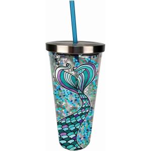 Spoontiques Love Glitter Cup Tumbler with Stainless Steel Lid and Straw – 20 oz – Acrylic – Multicolored(Mermaid)