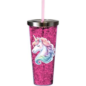 Spoontiques Love Glitter Cup Tumbler with Stainless Steel Lid and Straw – 20 oz – Acrylic – Multicolored(Unicorn)