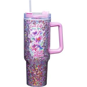 Spoontiques Oz 40oz Acrylic Travel Mug – Double Wall Acrylic with Sliding Lock Travel Lid and Straw – 11″ Tall(Full Bloom)