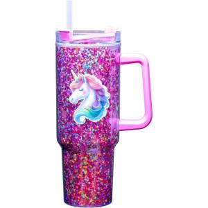 Spoontiques Unicorn 40oz Acrylic Travel Mug – Double Wall Acrylic with Sliding Lock Travel Lid and Straw – 11″ Tall