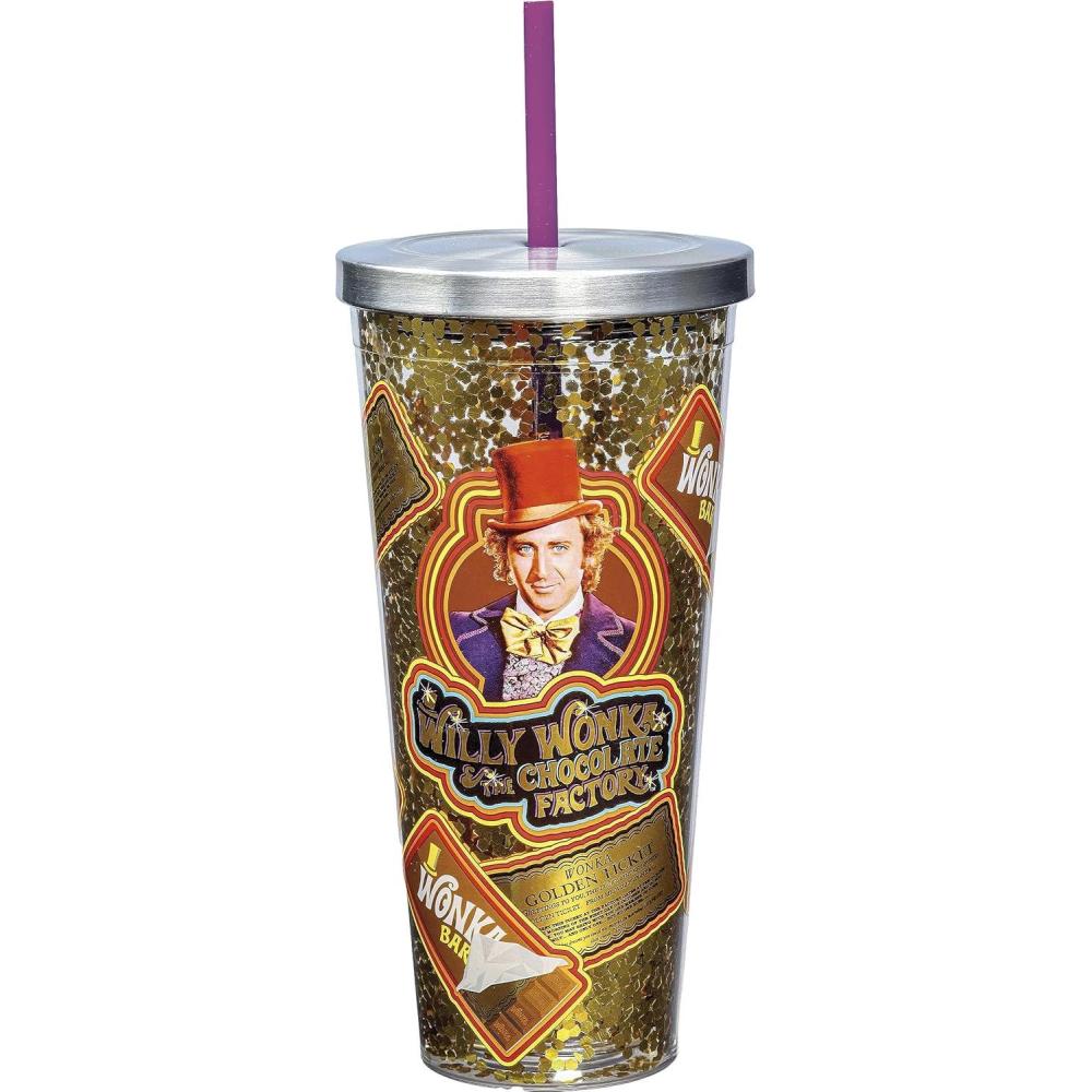image:imageSpoontiques  Glitter Filled Acrylic Tumbler  Glitter Cup with Straw  20 oz Stainless Steel Locking Lid with Straw  Double Wall Insulated  BPA Free  Willy Wonka