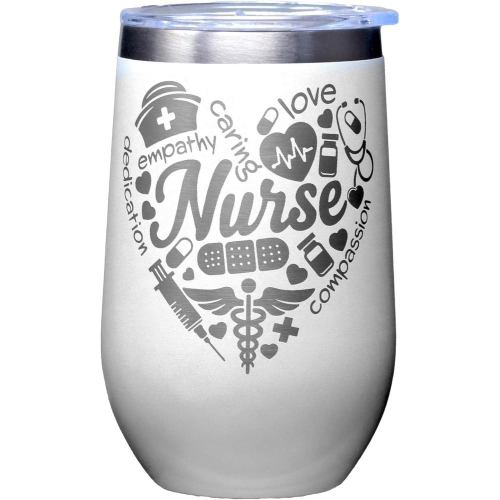 image:imageSpoontiques Nurse Etched Stainless Steel Tumbler Insulated Wine Tumbler with Lid Double Wall Stainless Steel Stemless Wine Glass 16oz 5 58 Tall