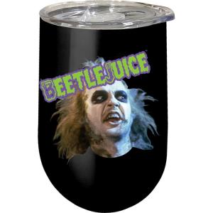 Spoontiques Beetlejuice Insulated Wine Tumbler with Lid – Double Wall Stainless Steel Stemless Wine Glass – 16oz – 5 5/8” Tall