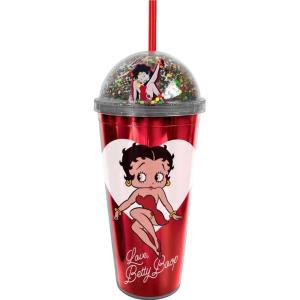 Spoontiques Betty Boop Dome Top Acrylic Tumbler, 20oz – Glitter-Filled Dome Top with Enclosed Figurine & Coordinating Reusable Straw – 10″ Tall Double Wall Insulated Travel Cup