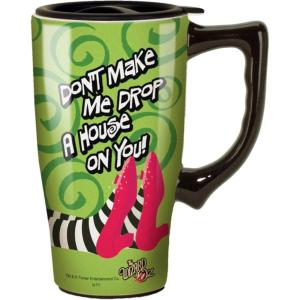 Spoontiques Drop A House On You Ceramic Travel Coffee Mug with Lid and Handle – Wizard of Oz Double Walled Mug for Hot and Cold Beverages – Microwave and Dishwasher Safe, Spill Proof Lid