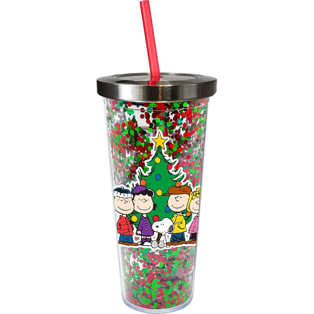 image:imageSpoontiques  Glitter Filled Acrylic Tumbler  Glitter Cup with Straw  20 oz Stainless Steel Locking Lid with Straw  Double Wall Insulated  BPA Free Peanuts Christmas Drinking Cup