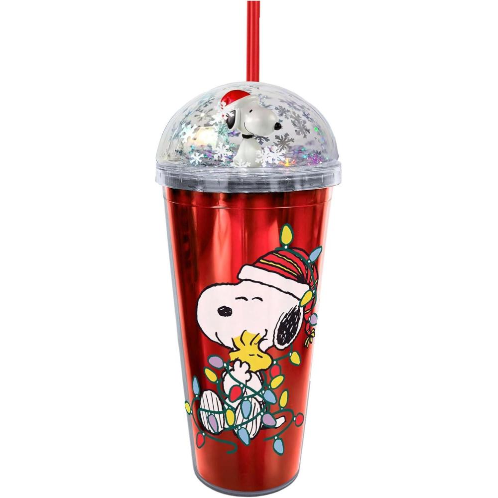 image:imageSpoontiques Peanuts Christmas Dome Top Tumbler 20oz GlitterFilled Dome Top with Enclosed Figurine amp Coordinating Reusable Straw 10 Tall Double Wall Insulated Travel Cup