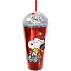 Spoontiques Peanuts Christmas Dome Top Tumbler, 20oz – Glitter-Filled Dome Top with Enclosed Figurine & Coordinating Reusable Straw – 10″ Tall Double Wall Insulated Travel Cup