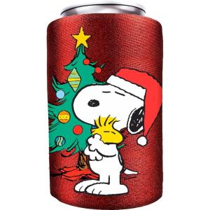 Spoontiques – Neoprene Can Cooler – Durable Insulated Neoprene Holder for Cans or Bottles – Metallic Finish with Glitter Accents – Perfect for Parties or Gifts – Peanuts Christmas
