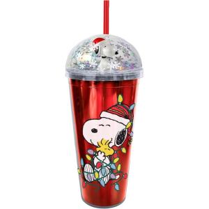 Spoontiques Peanuts Christmas Dome Top Tumbler, 20oz – Glitter-Filled Dome Top with Enclosed Figurine & Coordinating Reusable Straw – 10″ Tall Double Wall Insulated Travel Cup
