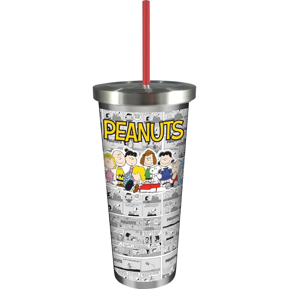 image:imageSpoontiques Stainless Steel Cup 24 oz Double Wall Insulated Drinkware with BPA Free Acrylic Lining Twist Lock Lid with Color Coordinated Straw Peanuts Stainless Cup