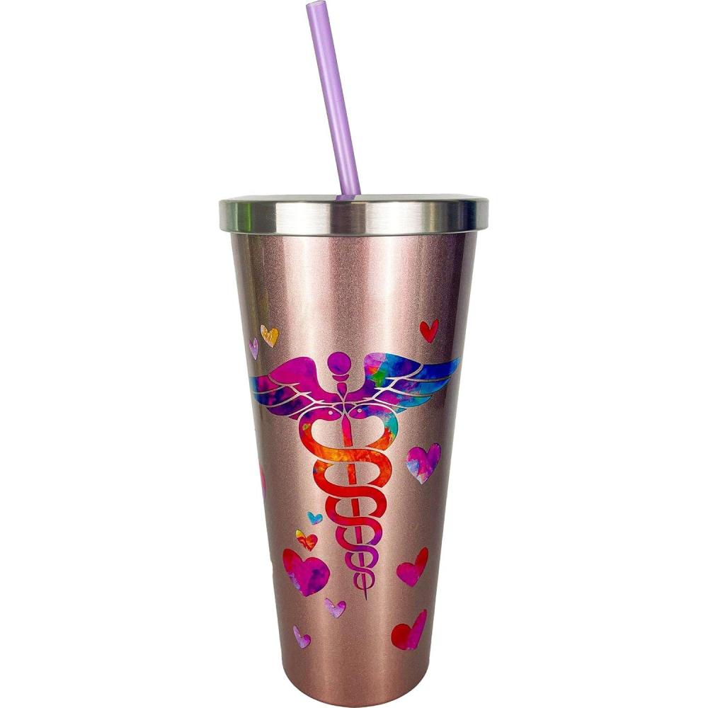 image:imageSpoontiques Stainless Steel Cups 24 oz Double Wall Insulated Drinkware with BPA Free Acrylic Lining Twist Lock Lid with Color Coordinated Straw Bee Gnome Stainless Cup 18302Nurse