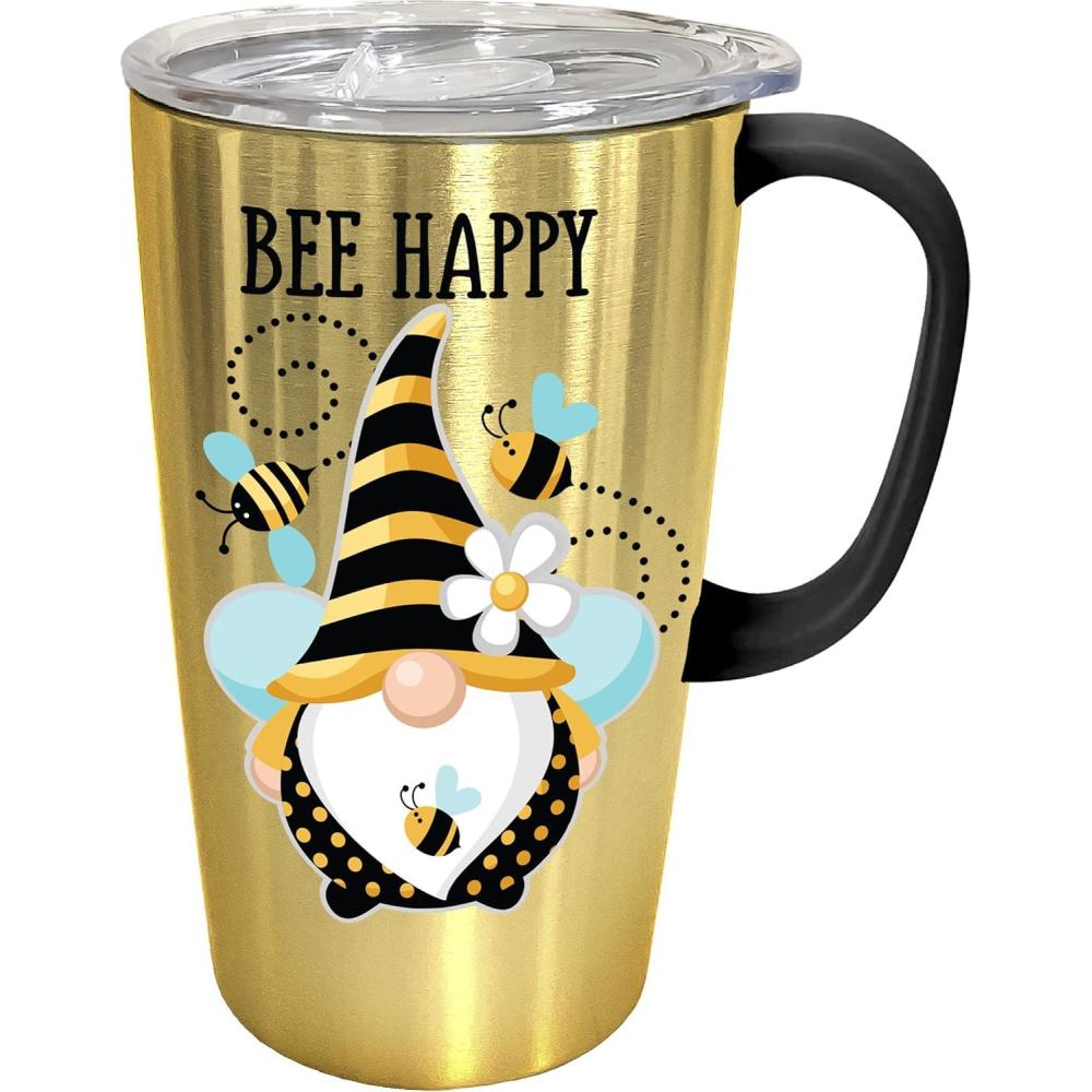 image:imageSpoontiques Stainless Steel Travel Mug with Handle 18 oz Capacity Double Wall Stainless Steel with Sliding Lock Travel Lid 6 Tall Bee Gnome Stainless Travel Mug