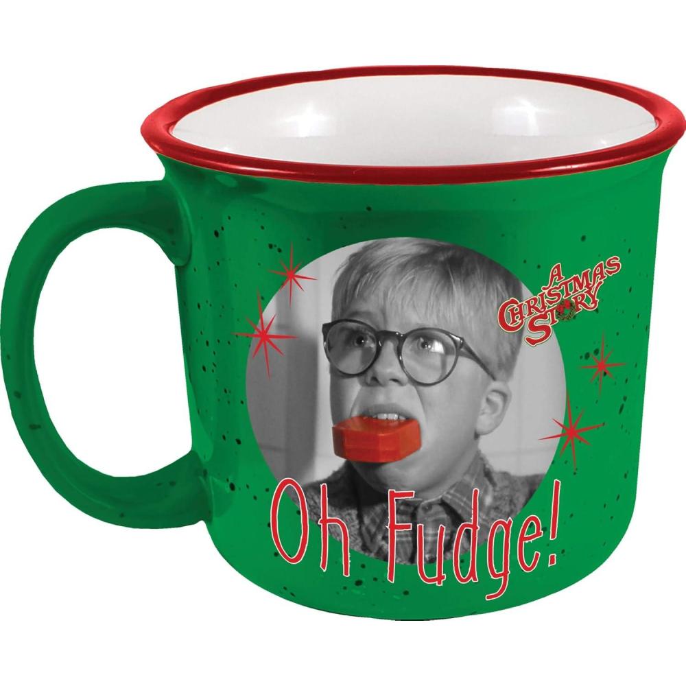 image:imageSpoontiques Elf Christmas Ceramic Camper Mug 14oz Microwave amp Dishwasher Safe for Cold amp Hot Beverages SmilingOh Fudge