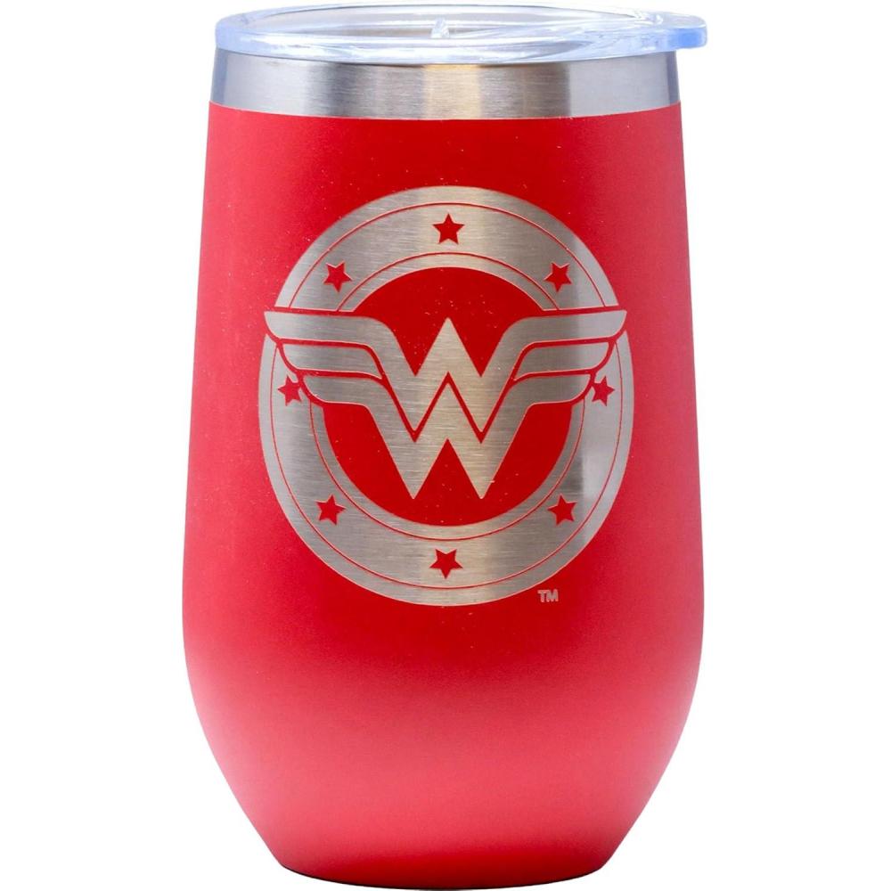 image:imageSpoontiques Wonder Woman Etched Stainless Steel Tumbler  Insulated Wine Tumbler with Lid  Double Wall Stainless Steel Stemless Wine Glass  16oz  5 58 Tall