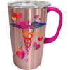 Spoontiques – Stainless Steel Travel Mug with Handle – 18 oz Capacity – Double Wall Stainless Steel with Sliding Lock Travel Lid – 6” Tall – Nurse Stainless Travel Mug