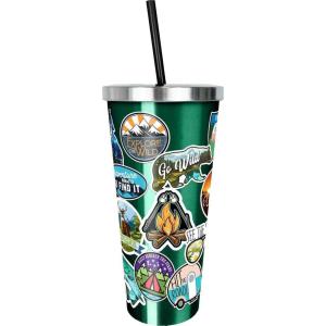 Spoontiques – Stainless Steel Cups – 24 oz Double Wall Insulated Drinkware with BPA Free Acrylic Lining – Twist Lock Lid with Color Coordinated Straw – Bee Gnome Stainless Cup (18302)(Travel Sticker Art)