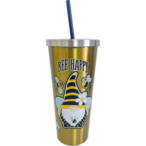 Spoontiques – Stainless Steel Cups – 24 oz Double Wall Insulated Drinkware with BPA Free Acrylic Lining – Twist Lock Lid with Color Coordinated Straw – Bee Gnome Stainless Cup (18302)(Bee Gnome)