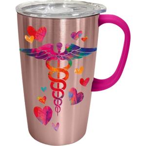 Spoontiques – Stainless Steel Travel Mug with Handle – 18 oz Capacity – Double Wall Stainless Steel with Sliding Lock Travel Lid – 6” Tall – Nurse Stainless Travel Mug