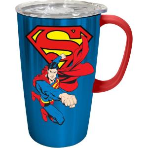 Spoontiques – Stainless Steel Travel Mug with Handle – 18 oz Capacity – Double Wall Stainless Steel with Sliding Lock Travel Lid – 6” Tall – Superman Stainless Travel Mug