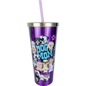 Spoontiques Stainless Steel w Steel Cup with Straw, 24 Oz, Mama Bear,18258(Dog Mom)