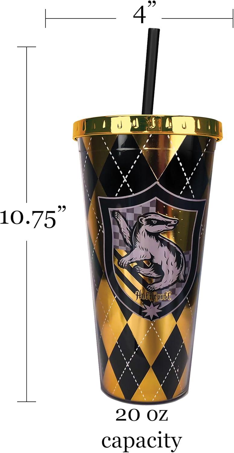 image:imageSpoontiques Harry Potter Acrylic Foil Cup with Straw 20oz Metallic Locking Double Wall Insulated BPA Free Hufflepuff