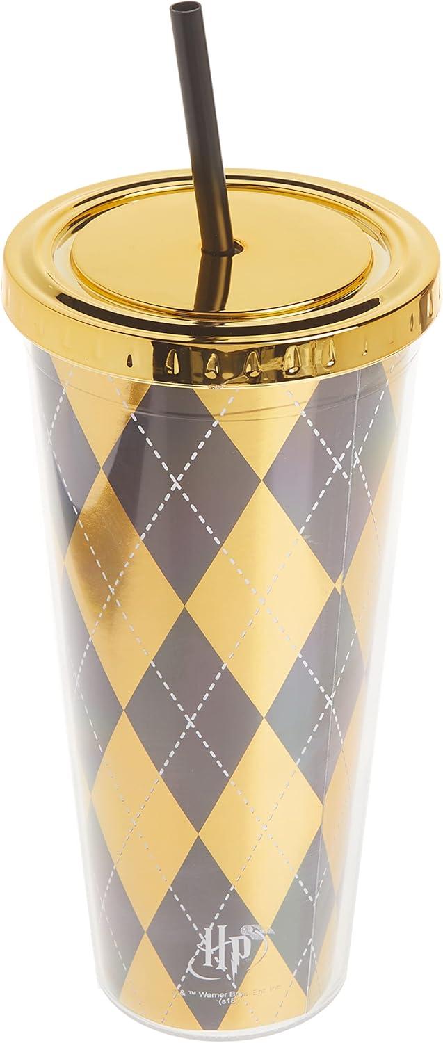 image:imageSpoontiques Harry Potter Acrylic Foil Cup with Straw 20oz Metallic Locking Double Wall Insulated BPA Free Hufflepuff
