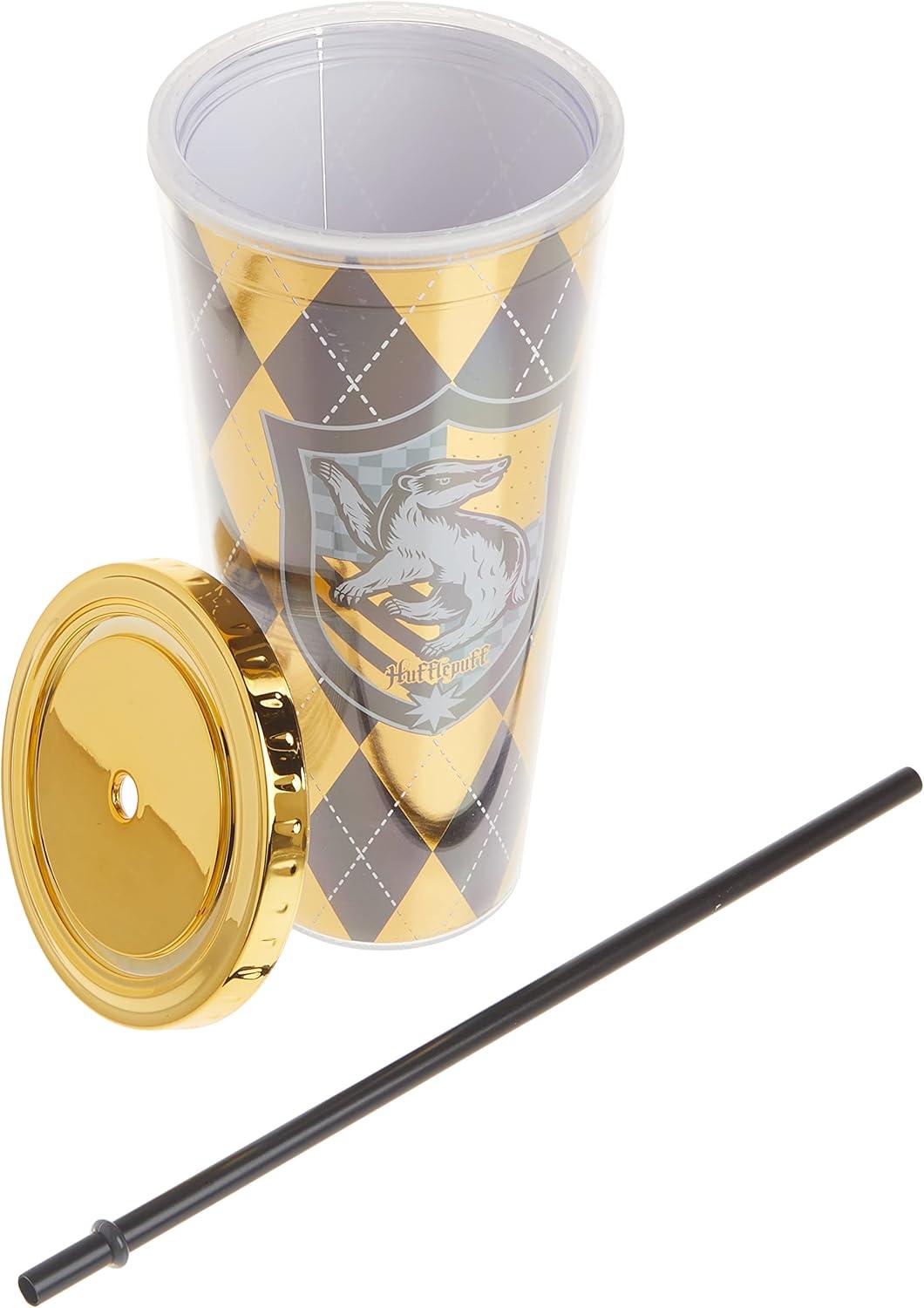 image:imageSpoontiques Harry Potter Acrylic Foil Cup with Straw 20oz Metallic Locking Double Wall Insulated BPA Free Hufflepuff