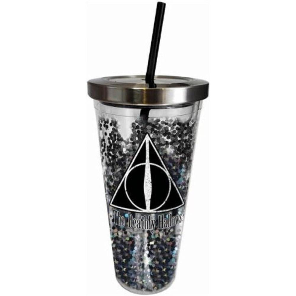 image:imageSpoontiques Harry Potter Tumbler Deathly Hallows Glitter Cup with Straw 20 oz Acrylic Black