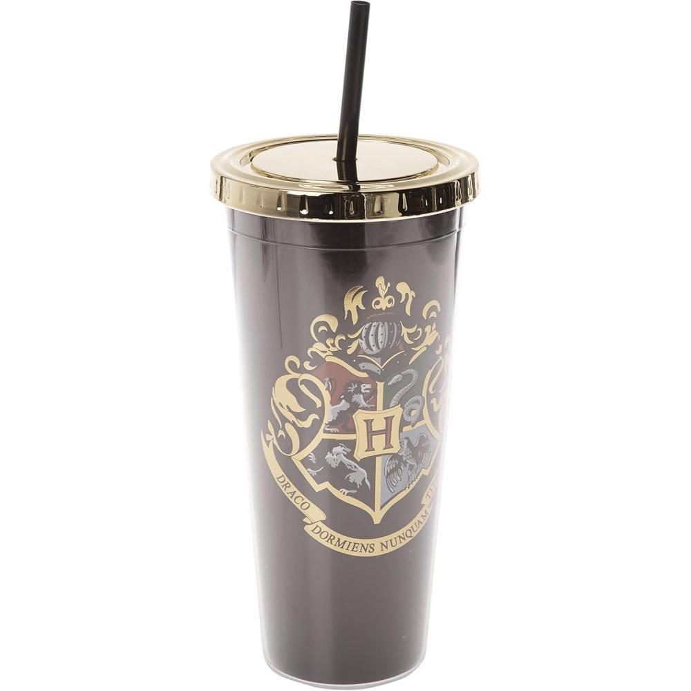image:imageSpoontiques Harry Potter Acrylic Foil Cup with Straw 20oz Metallic Locking Double Wall Insulated BPA Free Hogwarts Crest