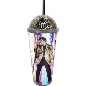 Spoontiques Elvis Dome Top Acrylic Tumbler, 20oz – Glitter-Filled Dome Top with Enclosed Figurine & Coordinating Reusable Straw – 10″ Tall Double Wall Insulated Travel Cup