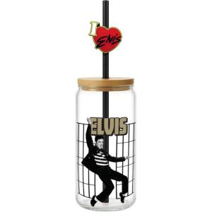 Spoontiques Elvis Glass w/Lid and Straw Charm, 20oz – 6.75” Tall Decorative Glass, Straw Included, Ideal for Hot & Cold Beverages