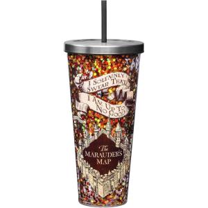 Spoontiques Large Harry Potter Marauder’s Map Glitter Cup Tumbler with Stainless Steel Lid and Straw – 32 oz – Acrylic