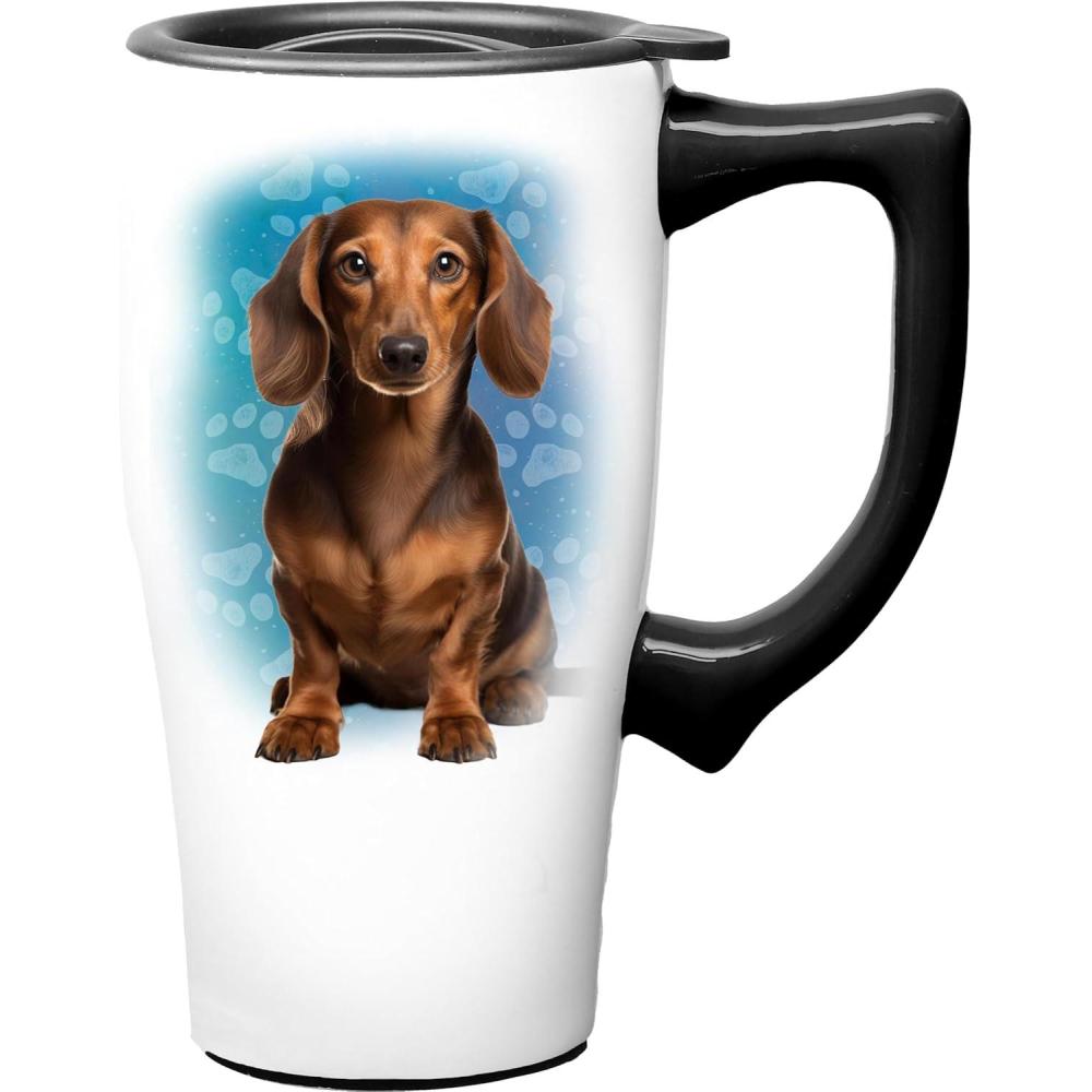 image:imageSpoontiques Black Lab Ceramic Travel Coffee Mug with Lid and Handle Spill Proof Lid Double Walled Mug for Hot and Cold Beverages Microwave and Dishwasher SafeDachshund