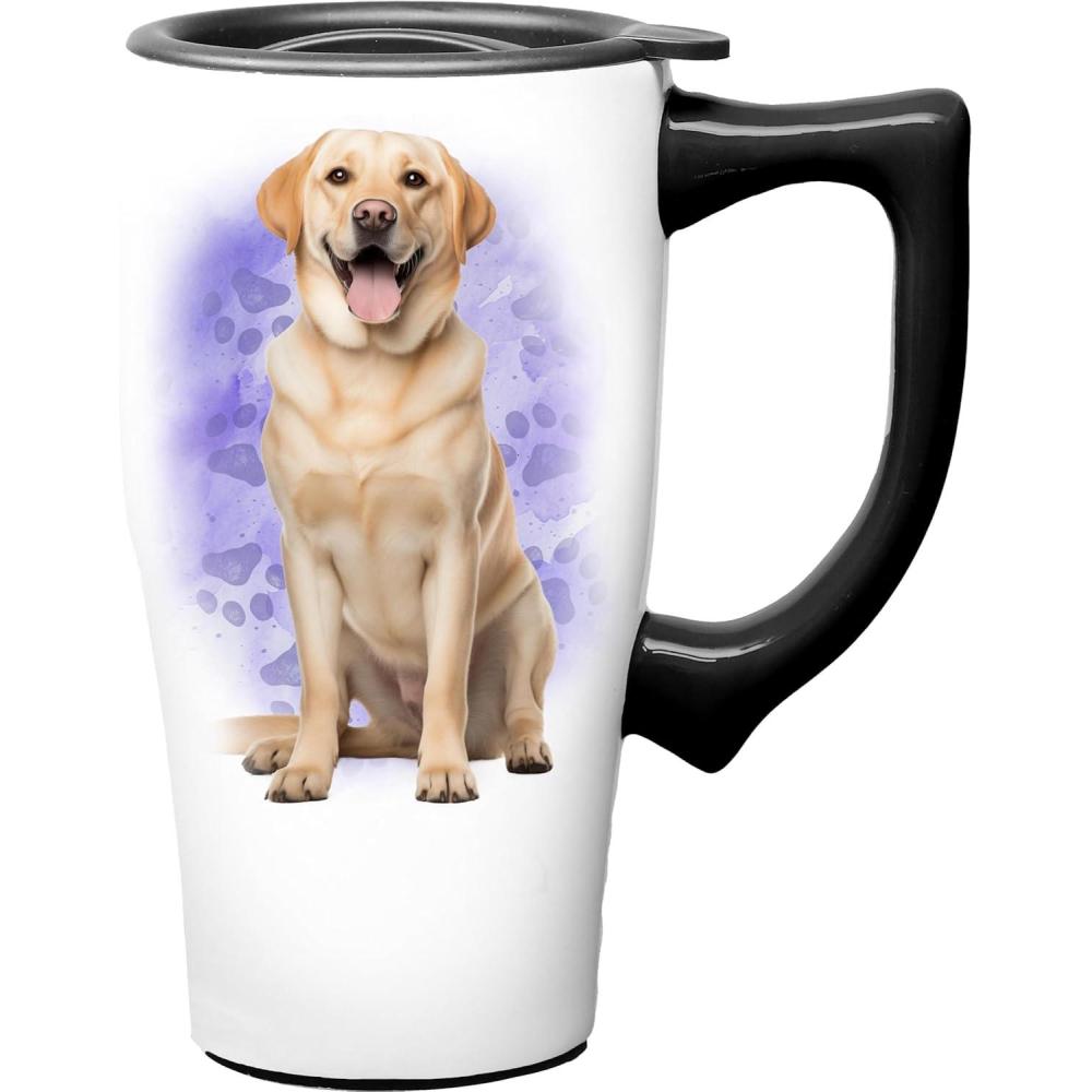 image:imageSpoontiques Black Lab Ceramic Travel Coffee Mug with Lid and Handle  Spill Proof Lid  Double Walled Mug for Hot and Cold Beverages  Microwave and Dishwasher SafeYellow Lab