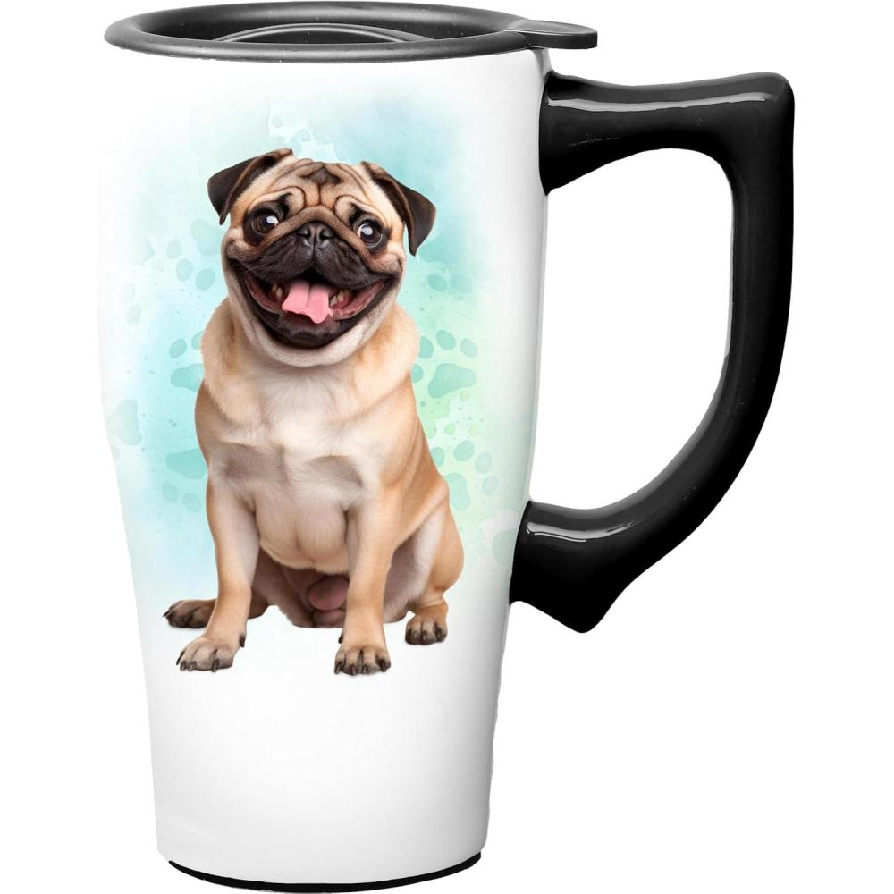 image:imageSpoontiques Black Lab Ceramic Travel Coffee Mug with Lid and Handle  Spill Proof Lid  Double Walled Mug for Hot and Cold Beverages  Microwave and Dishwasher SafePug