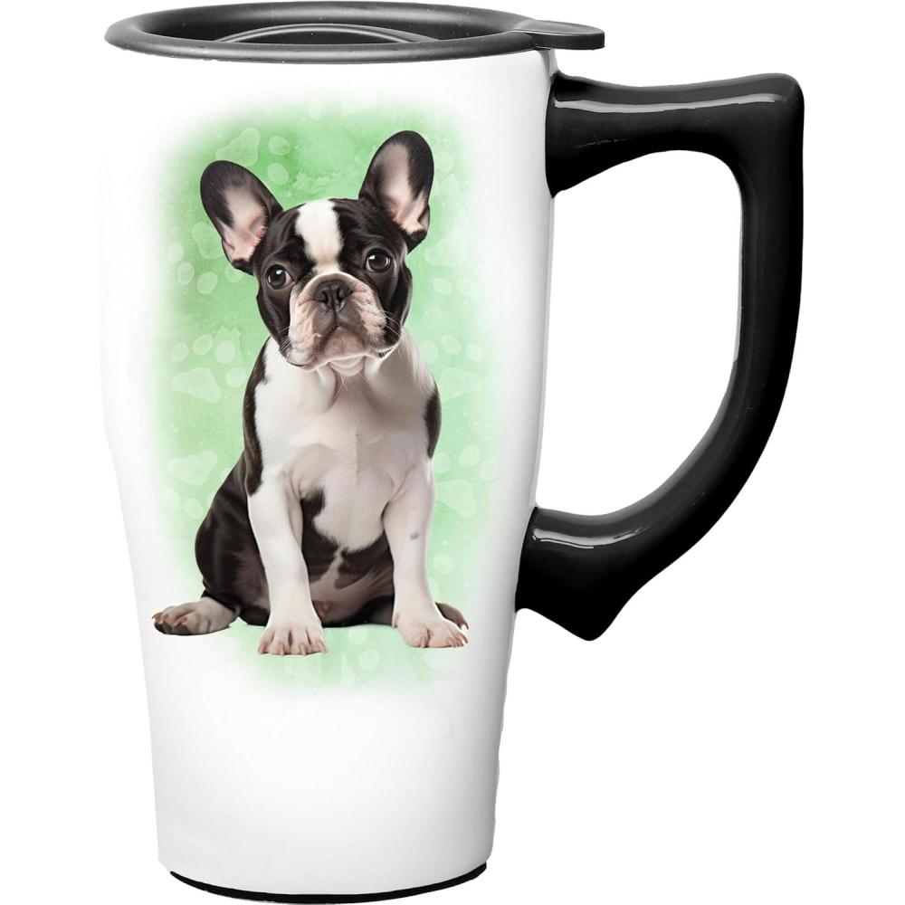 image:imageSpoontiques Black Lab Ceramic Travel Coffee Mug with Lid and Handle  Spill Proof Lid  Double Walled Mug for Hot and Cold Beverages  Microwave and Dishwasher SafeFrench Bulldog