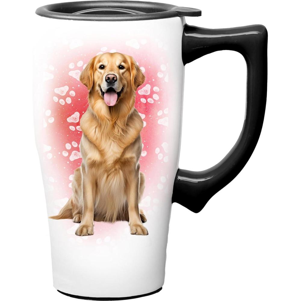 image:imageSpoontiques Black Lab Ceramic Travel Coffee Mug with Lid and Handle Spill Proof Lid Double Walled Mug for Hot and Cold Beverages Microwave and Dishwasher SafeGolden Retriever